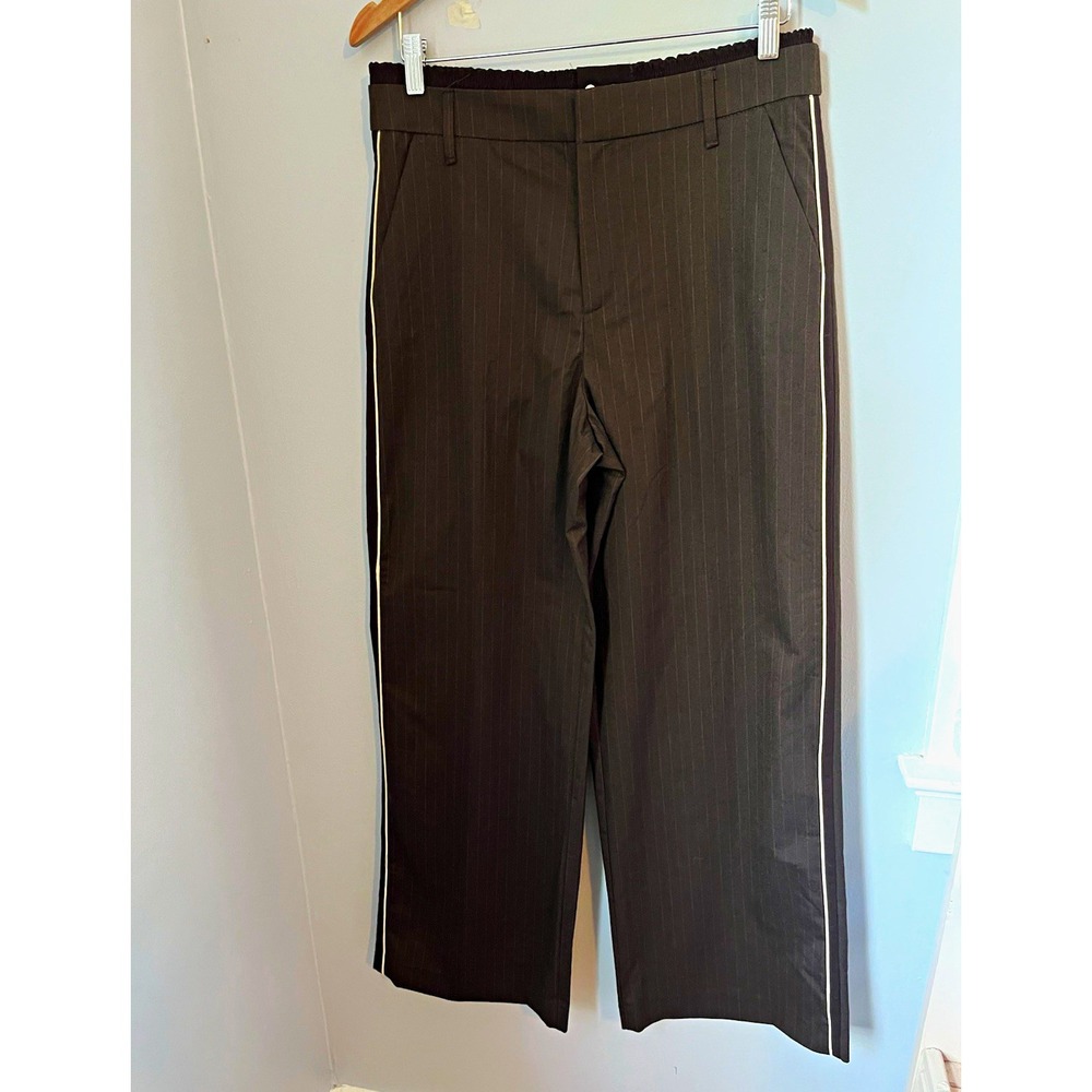 ZARA women's brown Pinstripe Dress Pants Size M Elastic Waist Piped Straight Leg
